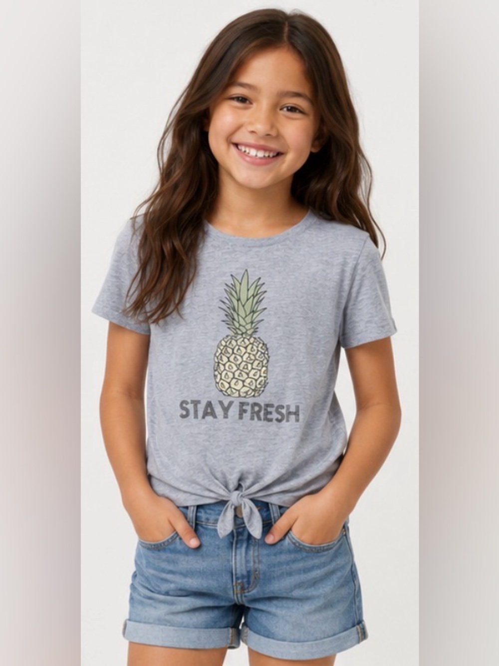 Chit Chat Youth XL Gray Pineapple Stay Fresh Tie-Front Soft Rayon Blend Top
